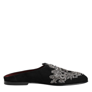Dolce & Gabbana Black Velvet Slides DG Crown Slipper Shoes