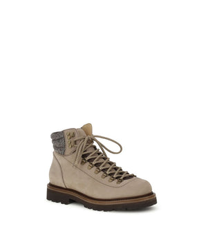 Brunello Cucinelli Beige Calf Leather Bos Taurus Lace-Up Boots