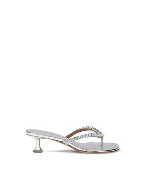 Amina Muaddi Silver Calf Leather Bos Taurus Stiletto Heel Sandals