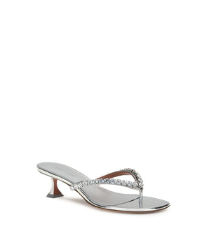 Amina Muaddi Silver Calf Leather Bos Taurus Stiletto Heel Sandals