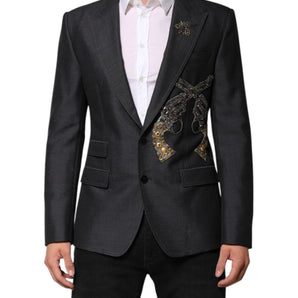 Dolce & Gabbana Dark Gray Bee Embroidery Wool Coat Blazer