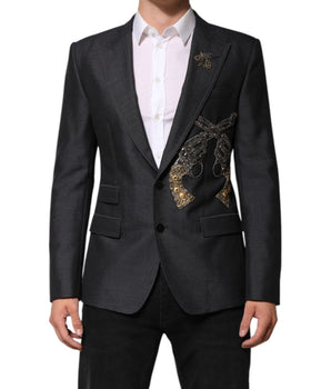 Dolce &amp; Gabbana Dark Gray Bee Embroidered Wool Coat Blazer