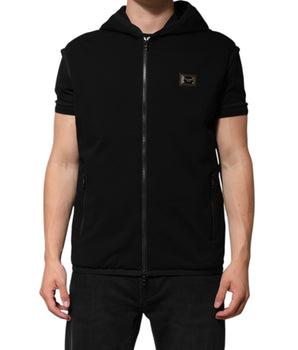 Dolce &amp; Gabbana Black Sleeveless Hooded Logo Plaque Jacket