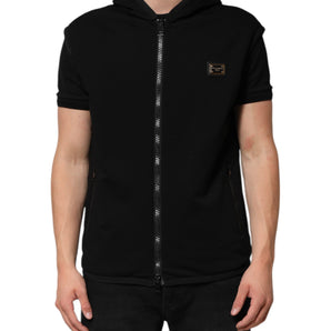 Dolce & Gabbana Black Sleeveless Hooded Logo Plaque Jacket