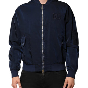 Dolce & Gabbana Blue Nylon DG Embroidery Men Bomber Jacket