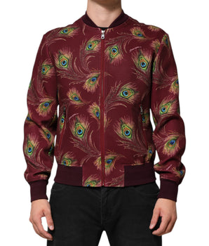 Dolce &amp; Gabbana Maroon Peacock Feather Print Bomber Jacket