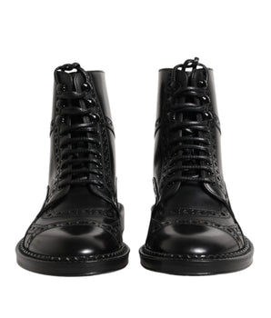 Dolce &amp; Gabbana Black Leather Lace Up Mid Calf Boots Shoes