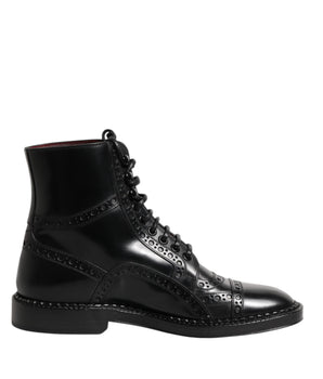 Dolce &amp; Gabbana Black Leather Lace Up Mid Calf Boots Shoes