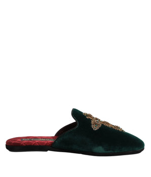 Dolce & Gabbana Green Velvet Cross Embellished Slippers Shoes