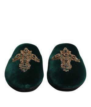Dolce &amp; Gabbana Green Velvet Cross Embellished Slippers Shoes