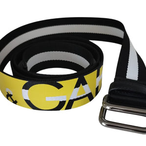 Cinturón con hebilla metálica a rayas y logotipo amarillo y negro de Dolce &amp; Gabbana