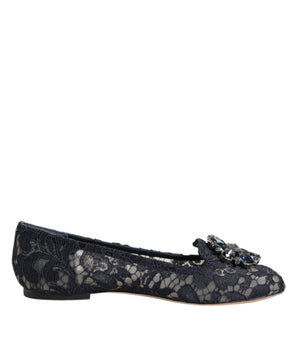 Dolce & Gabbana Blue Taormina Lace Crystals Flats Shoes