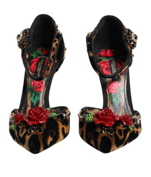Dolce & Gabbana Brown Leopard Crystal Roses Pumps Shoes