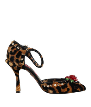 Dolce & Gabbana Brown Leopard Crystal Roses Pumps Shoes