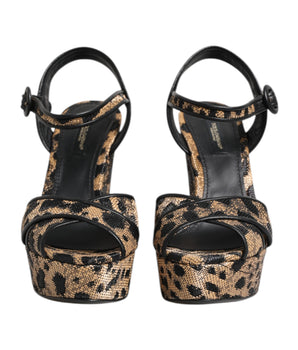 Dolce & Gabbana Brown Leopard Wedges Ankle Strap Sandals Shoes