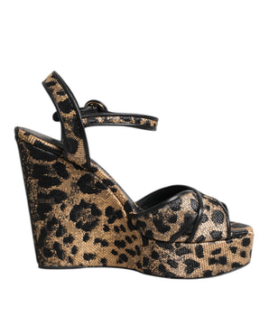 Dolce & Gabbana Brown Leopard Wedges Ankle Strap Sandals Shoes