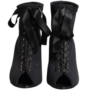Dolce & Gabbana Black Stiletto Heels Lace Up Boots Shoes