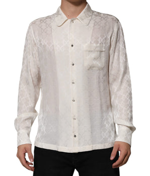 Dolce &amp; Gabbana White Silk DG Logo Print Long Sleeves Shirt