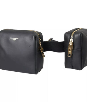 Dolce &amp; Gabbana Black Calfskin Leather Double Waist Belt Fanny Pack Bag