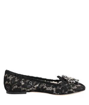Dolce & Gabbana Black Taormina Lace Crystals Flats Shoes