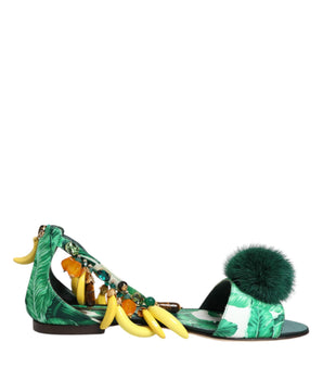 Dolce & Gabbana Green Mink Fur Satin Banana Leaf Sandals Shoes