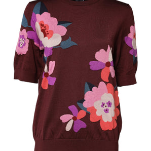 Dolce & Gabbana Maroon Floral Silk Crew Neck Blouse Top