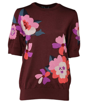 Dolce &amp; Gabbana Maroon Floral Silk Crew Neck Blouse Top