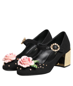 Dolce & Gabbana Black Flower Crystal Embellished Mary Jane Shoes