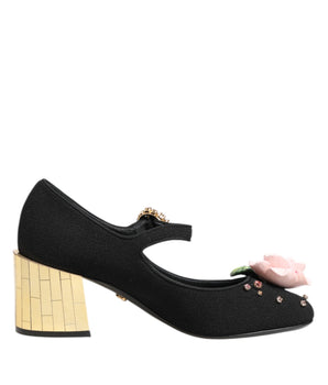 Dolce & Gabbana Black Flower Crystal Embellished Mary Jane Shoes