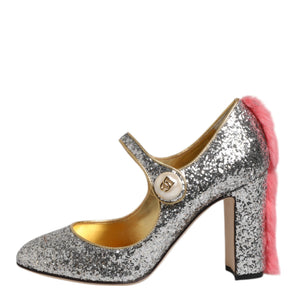 Dolce & Gabbana Silver Glitter Mink Fur VALLY Pump Shoes