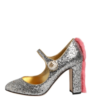 Dolce & Gabbana Silver Glitter Mink Fur VALLY Pump Shoes