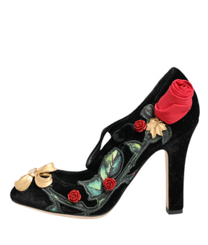 Dolce & Gabbana Black Roses Crystal Brooch Mary Jane Shoes