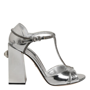 Dolce & Gabbana Silver Leather T-strap Heels Sandals Shoes