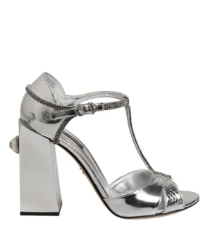 Dolce & Gabbana Silver Leather T-strap Heels Sandals Shoes