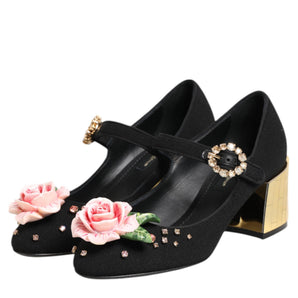 Dolce & Gabbana Black Flower Crystal Embellished Mary Jane Shoes