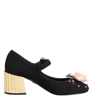 Dolce & Gabbana Black Flower Crystal Embellished Mary Jane Shoes