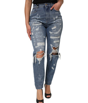 Dolce &amp; Gabbana Blue Tattered High Waist Women Jeans Jeans