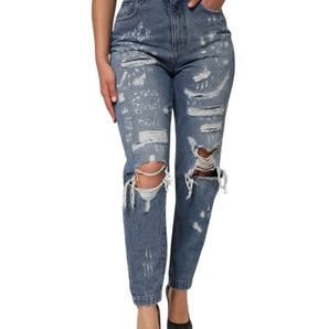 Dolce & Gabbana Blue Tattered High Waist Women Denim Jeans