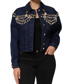 Dolce &amp; Gabbana Blue Cotton Denim Crystal Embellished Jacket