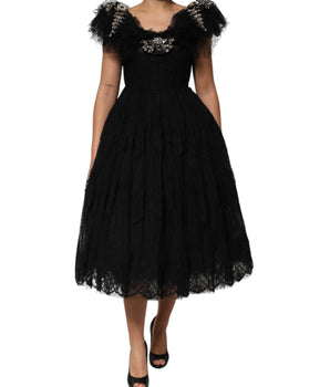 Dolce & Gabbana Black Crystal Embellished Midi A-line Dress