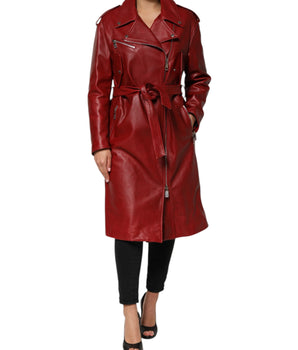 Dolce &amp; Gabbana Red Leather Belted Full Zip Trench Coat Jacket
