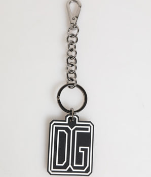 Dolce &amp; Gabbana Black White DG Rubber Logo Silver Men Keychain Keyring