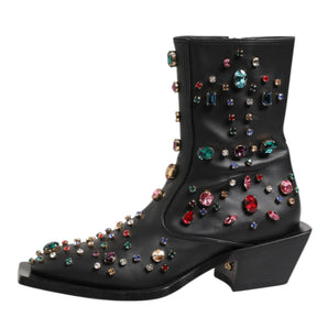 Dolce & Gabbana Black Crystal Cowboy Leather Men Boots Shoes