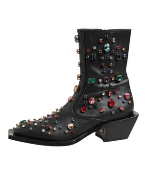 Dolce &amp; Gabbana Black Crystal Cowboy Leather Men Boots Shoes