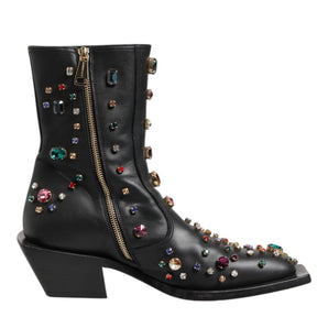 Dolce & Gabbana Black Crystal Cowboy Leather Men Boots Shoes