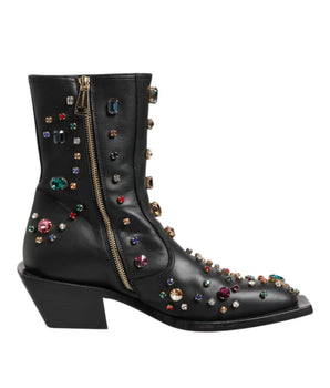 Dolce &amp; Gabbana Black Crystal Cowboy Leather Men Boots Shoes