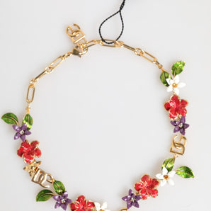 Dolce & Gabbana Gold Brass Logo Detail Floral Fashion Jewelry Necklace