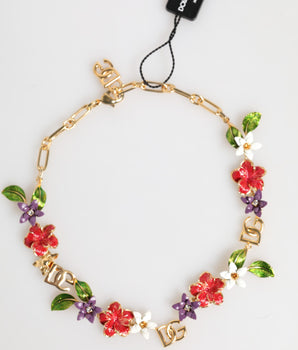 Dolce &amp; Gabbana Gold Brass Logo Detail Floral Fashion Jewelry Necklace