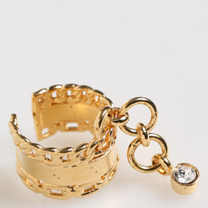 Dolce & Gabbana Gold Tone Brass Logo Chain Clear Crystals Adjustable Ring