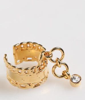 Dolce &amp; Gabbana Gold Tone Brass Logo Chain Clear Crystals Adjustable Ring